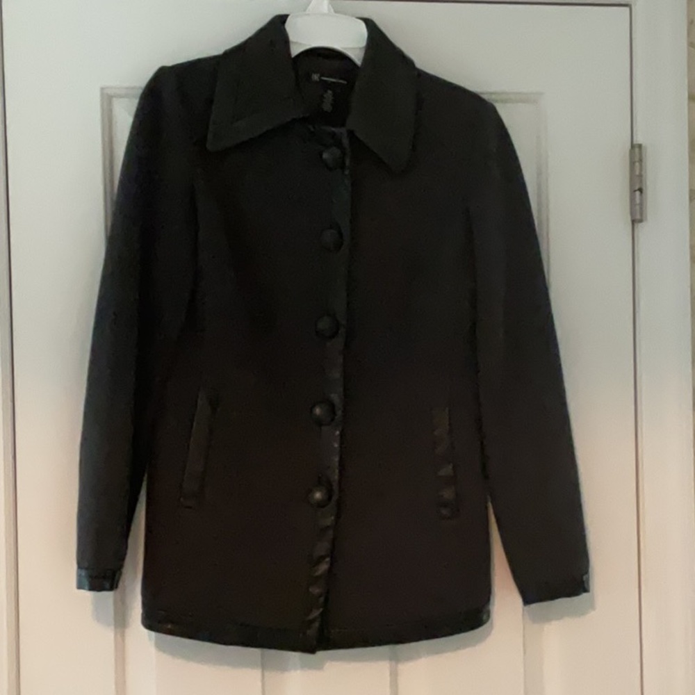 INC Charcoal Gray Jacket/Blazer Classic Style Pleather Trim on Front & Back SzXS